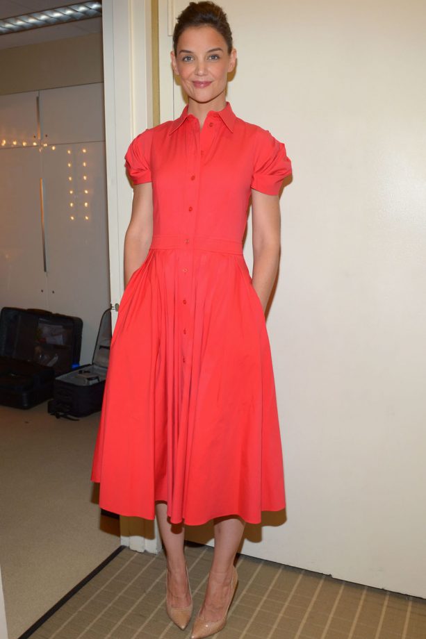 Katie Holmes Wearing A Red Midi Dress By Michae Kors, 2014