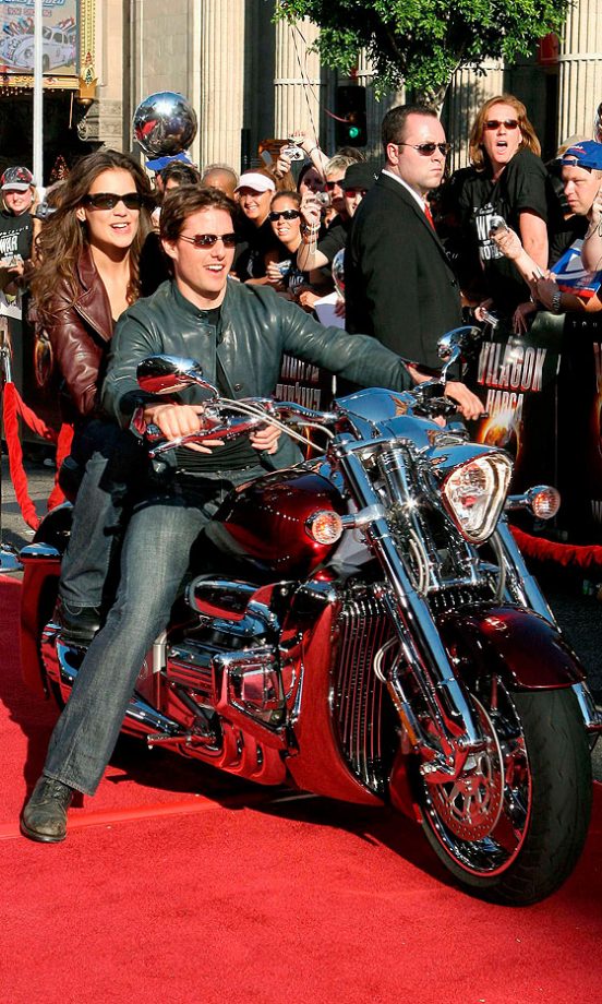Katie Holmes And Tom Cruise Arrive At The LA Premiere Of 'War Of The Worlds' By Motorcycle, 2005