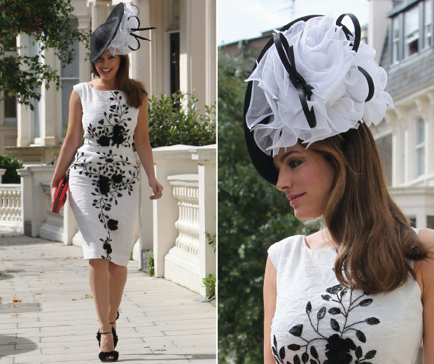 Kelly Brook wearing a monochrome dress and hat to go to Goodwood races