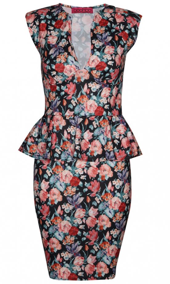 Boohoo Floral Print Peplum Dress, £20