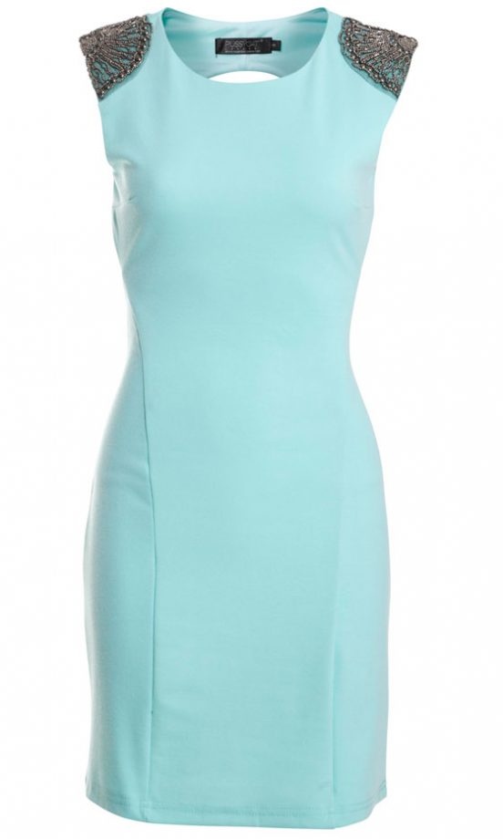 New Look Pussycat Turquoise Open Back Embellished Shoulder Dress, £28