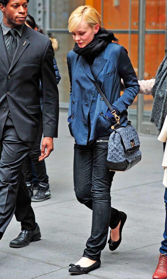 Carey Mulligan's Looks Stylish In A Double Breasted Jacket And Jeans, January 2012