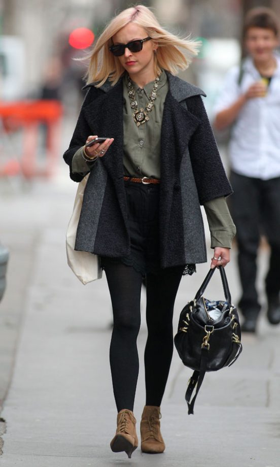 Fearne Cotton Wraps Up Warm In A Charcoal Colour Block Coat, January 2012