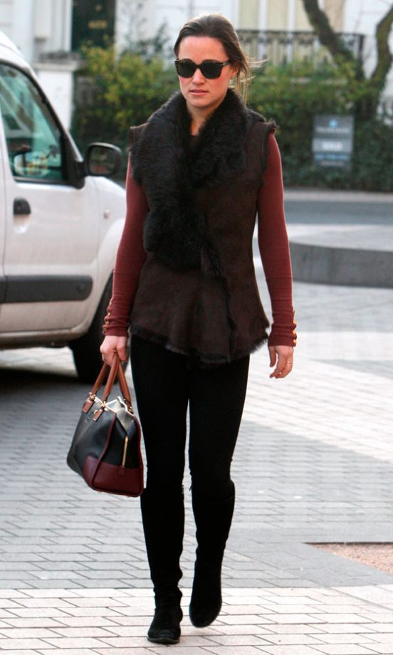 Pippa Middleton Keeps Warm In A Fluffy Sleeveless Jacket, January 2012