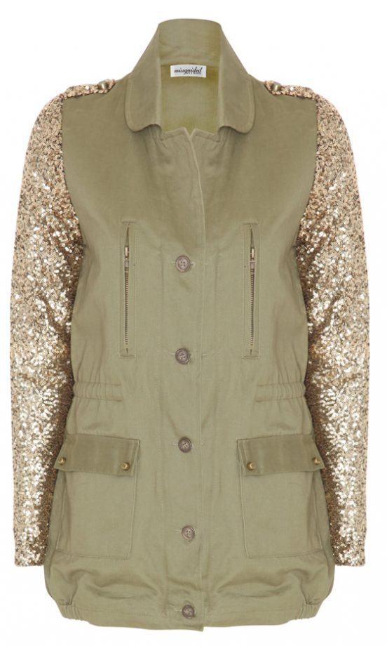 Missguided Khaki Jacket With Glitter Sleeves,