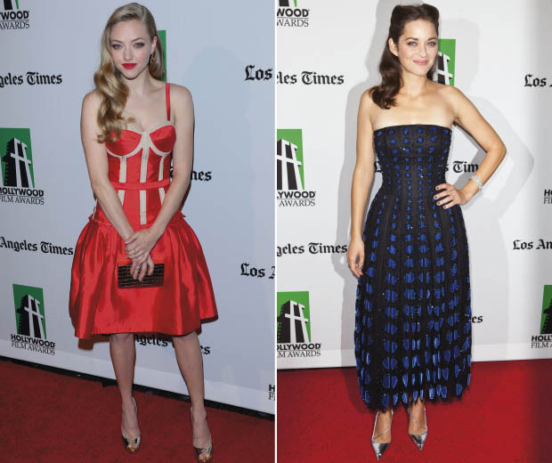 Amanda Seyfried wearing Prabal Gurung and Marion Cotillard wearing Dior on the red carpet
