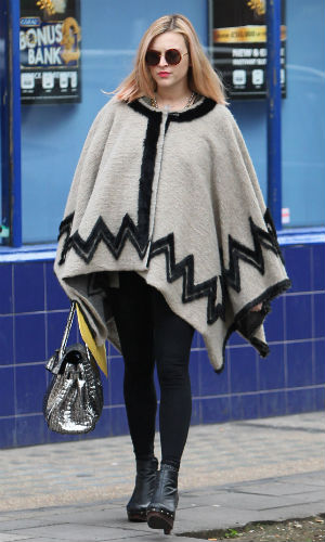 Fearne Cotton wearing a poncho outside the Radio 1 studios