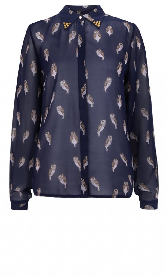 Primark AW12 Navy Shirt With Owl Print And Gold Studs On Collar