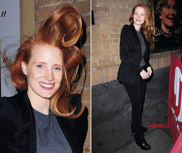 Jessica Chastain shows off a windswept hair do as she leaves a theatre in New York