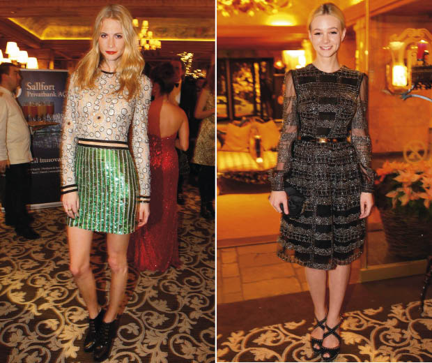 Poppy Delevingne and Carey Mulligan both wearing embellished dresses