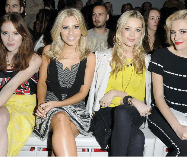 Mollie King, Laura Whitmore, Pixie Lott and Angela Scanlon work monocrome cool and neon yellow at London Fashion Week