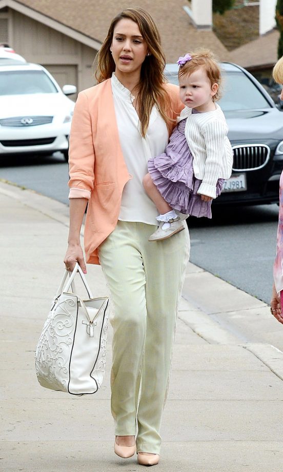 Jessica Alba Teams Peach With Stoney Neutrals Out In LA, 2013