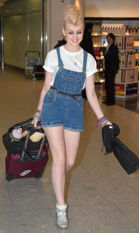 Perrie Edwards Worked Cute Dungarees At London Heathrow Airport, 2013