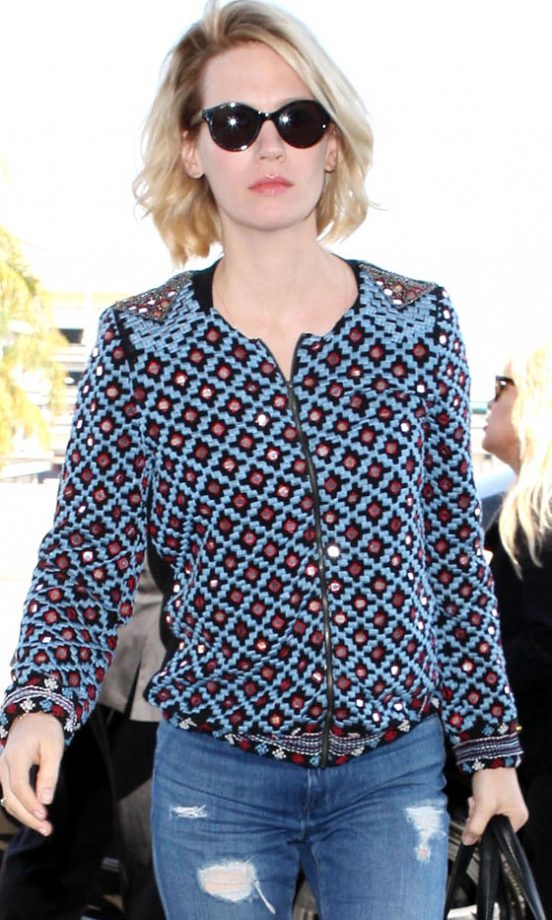 January Jones Rocks A Tiled Shirt At LAX Airport, 2013
