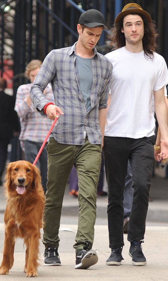 Andrew Garfield And Tom Sturridge Make Room For One More As They Take The Amazing Spider-Man's Dog Ken To Stretch His Legs In New York, 2013