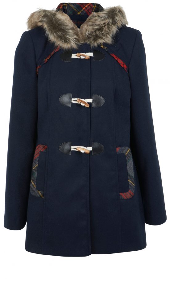 Miss Selfridge Navy Check Duffle Coat With Fur Collar