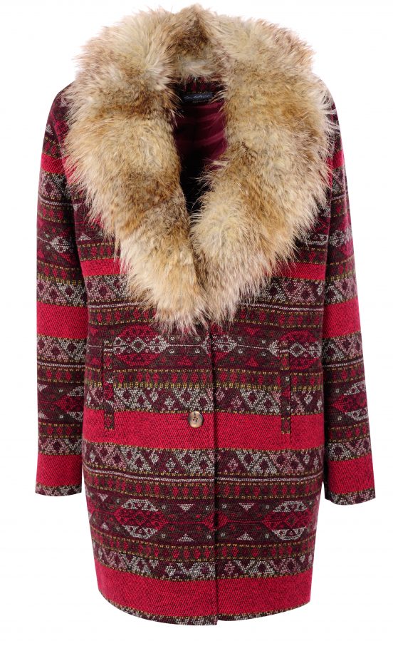 Miss Selfridge Red Pattern Coat With Fur Collar