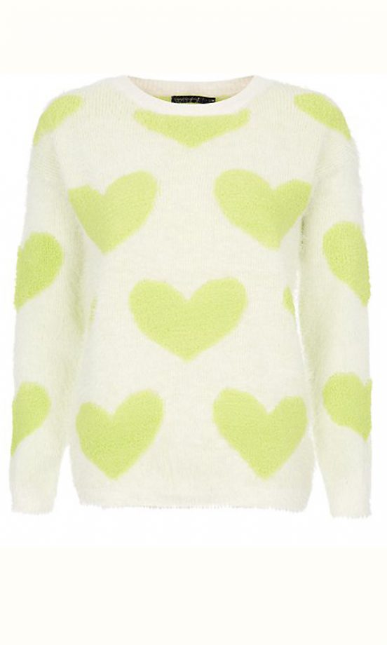 New Look Cream and Neon Green Heart Print Jumper, £29.99