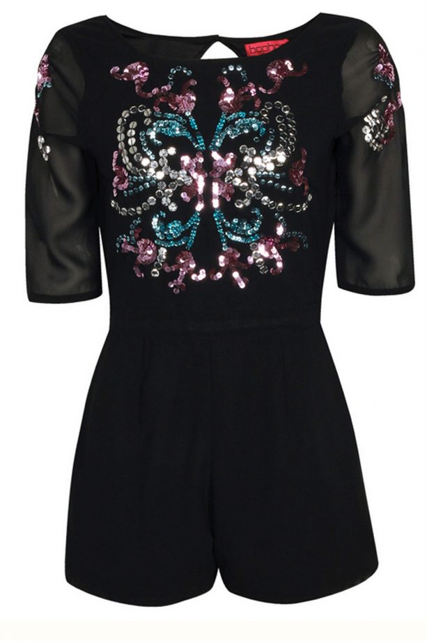 Boohoo Carrie Embellished Front Open Back Woven Playsuit, £30