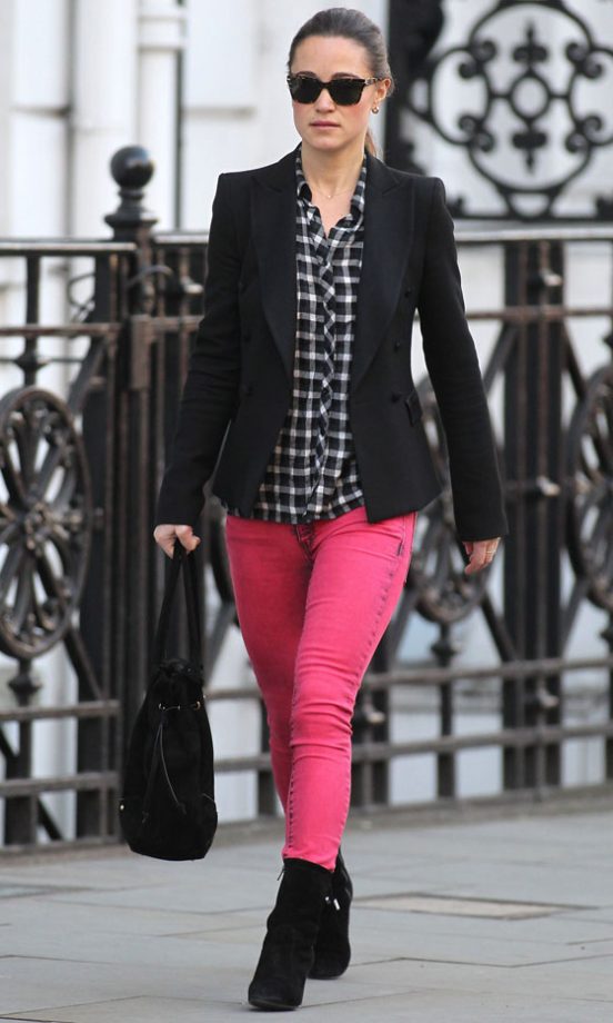 Pippa Middleton Brightened Up London In A Pair Of Pink Superdry Skinny Jeans, January 2012