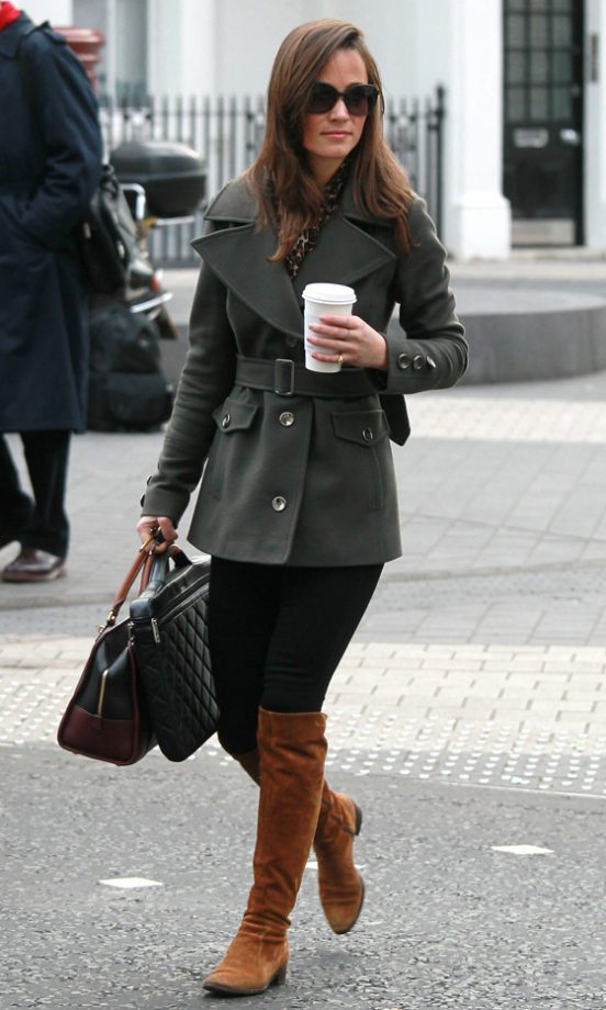 Pippa Middleton Looked As Stylish As Ever In Her Favourite Brown Suede Boots And A Green Belted Jacket By Reiss, 2011