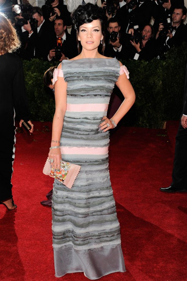 Lily Allen Wears A Pink And Grey Chanel Dress To The Met Gala, 2014