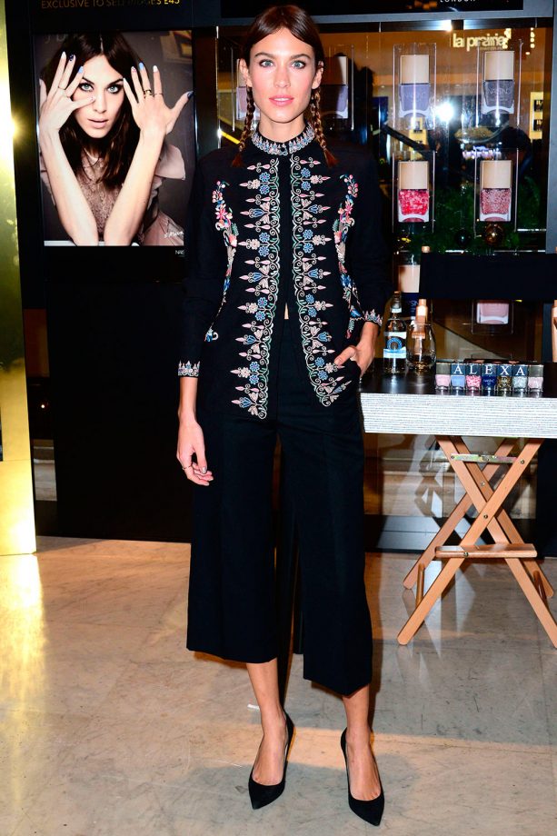 Alexa Chung Teams A Floral Embroided Jacket With Cropped Wide Leg Trousers At A Nails Inc Launch In London, 2014