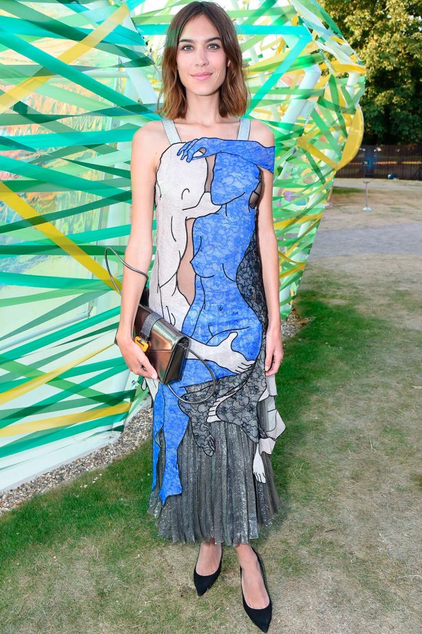 Alexa Chung Opts For An Unusual Christopher Kane Motif Dress To The Serpentine Gallery Summer Party, 2015