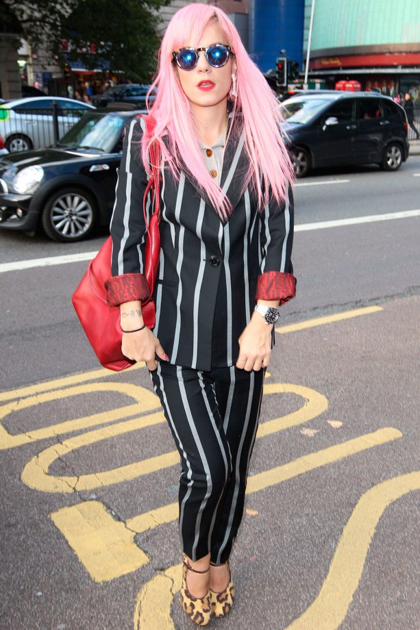 Lily Allen Clashes Her Prints With A Striped Suit And Leopard Print Shoes Out And About In London, 2015