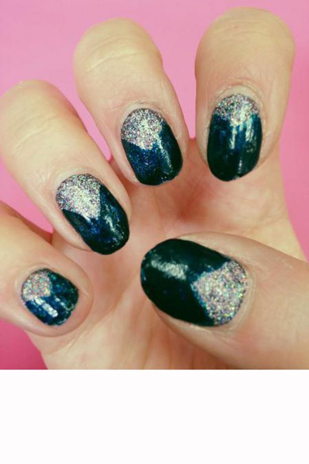 Party Nails: Midnight Blue And Silver Triangles