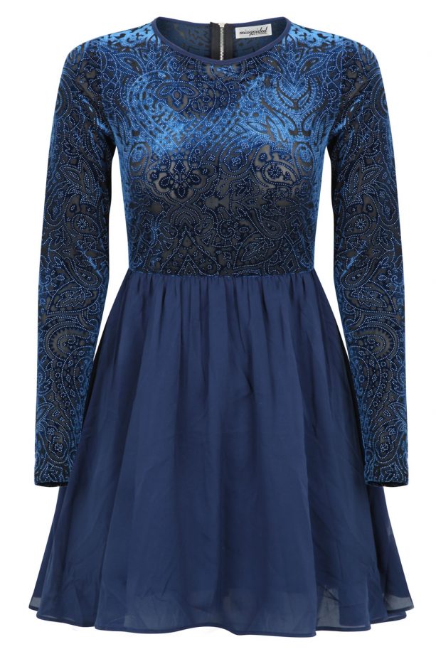 Miss Guided Kitana Baroque Mesh Panel Velvet Skater Dress, £34.99