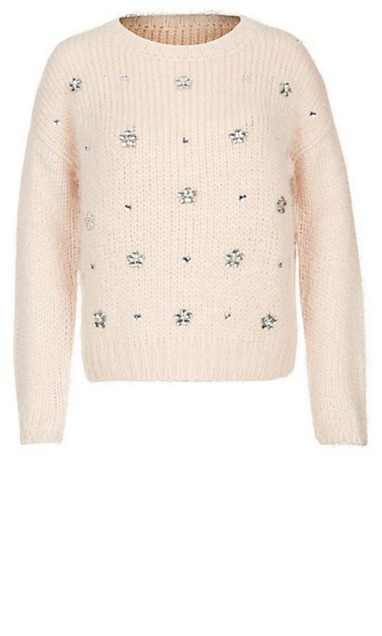New Look Shell Pink Floral Gemstone Embellished Knitted Jumper, £29.99