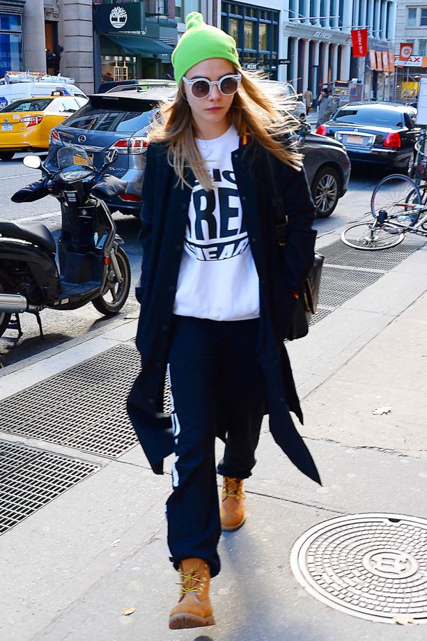 Cara Delevingne Wears A Beanie And Boyfriend Coat Off-Duty, 2013