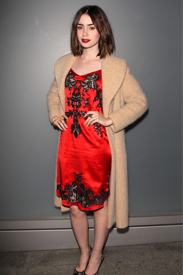 Lily Collins Throws On A Tailored Coat Over A Slip Dress To Stay Warm, 2013