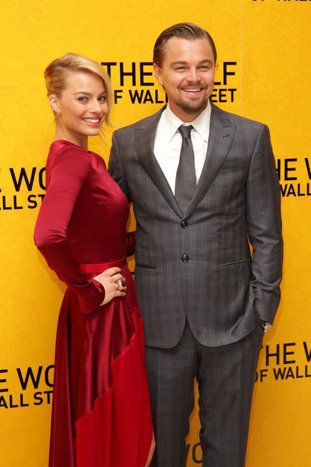Margot Robbie And Leonardo DiCaprio Laughing Together At The Wolf Of Wall Street Premiere