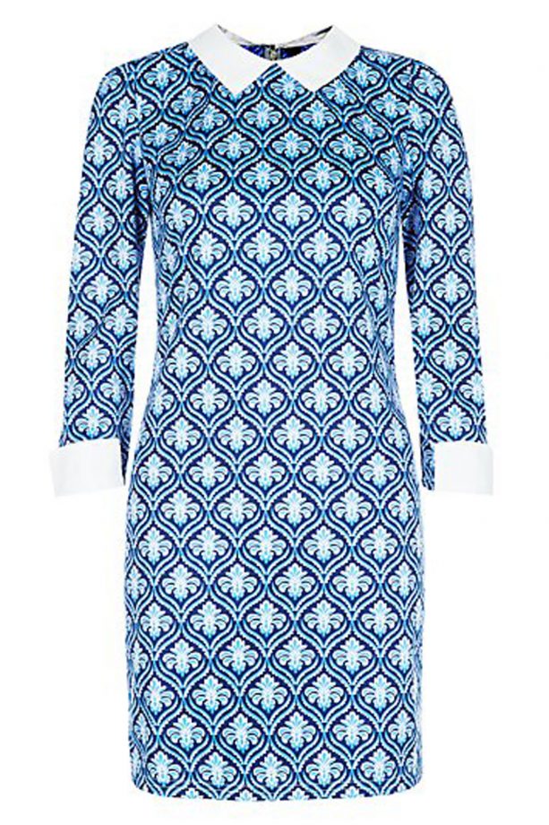 New Look Blue Baroque Print Contrast Collar Tunic Dress, £25.99