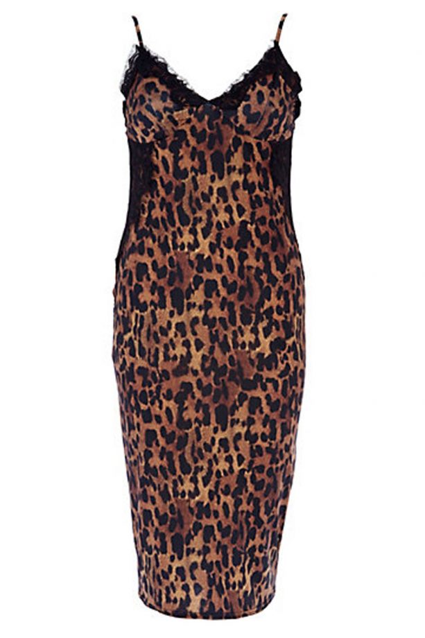 River Island Brown Animal Print Lace Insert Slip Dress, £32