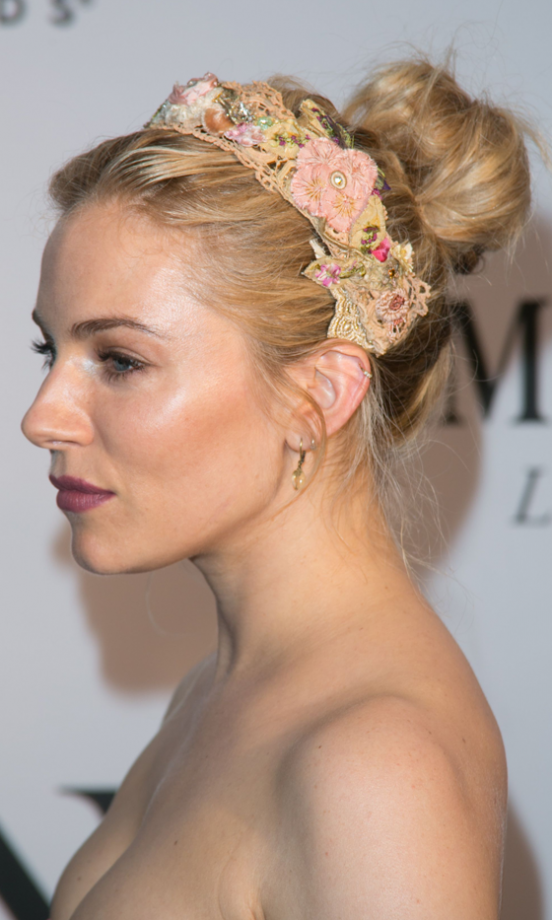 Sienna Miller's Adds A Cute Touch To Her Top Knot With A Lace Floral Band, 2013