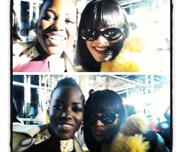 Rihanna and Lupita Nyong'o pose for selfies backstage at Miu Miu PFW