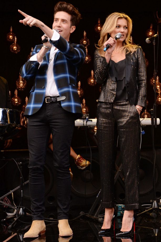 Nick Grimshaw And Kate Moss In The Oxford Street Window At The Kate Moss Topshop X Launch Party, 2014