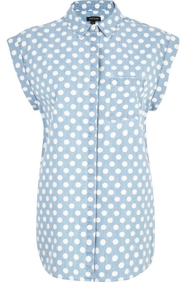 River Island Light Wash Polka Dot Roll Sleeve Denim Shirt, £25