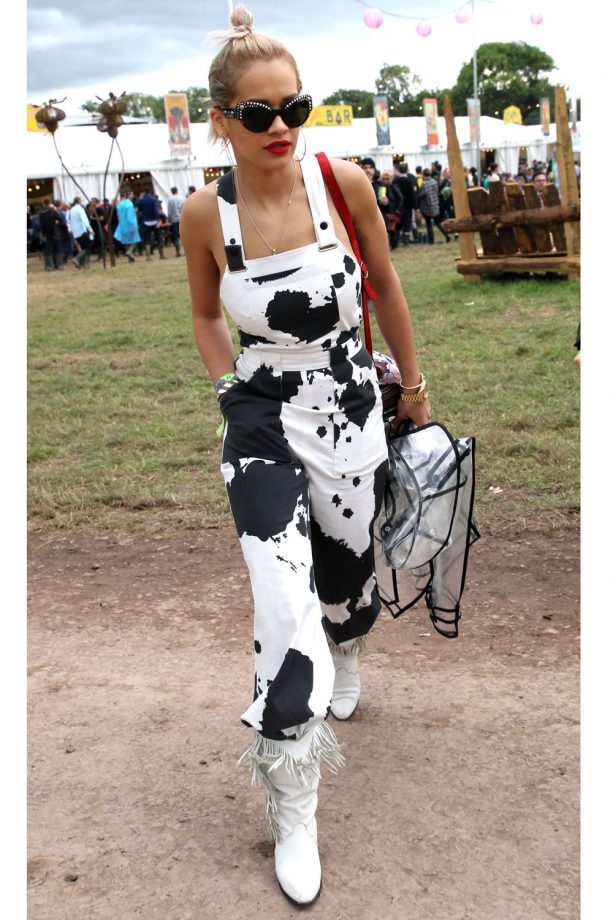 Rita Ora Opts For Monochrome Dungarees At Glastonbury, 2014