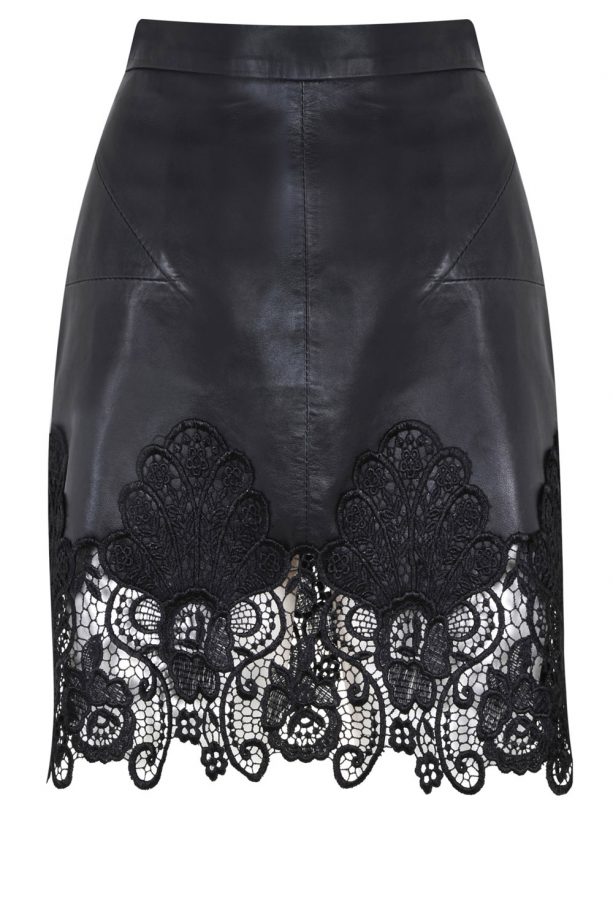 Topshop Black Leather Skirt With Embroidered Hem