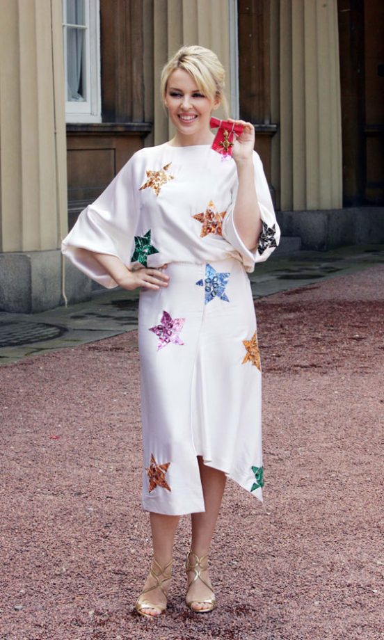 Kylie Minogue Proves She's A Star In This YSL Dress To Collect Her OBE At Buckingham Palace, July 2008