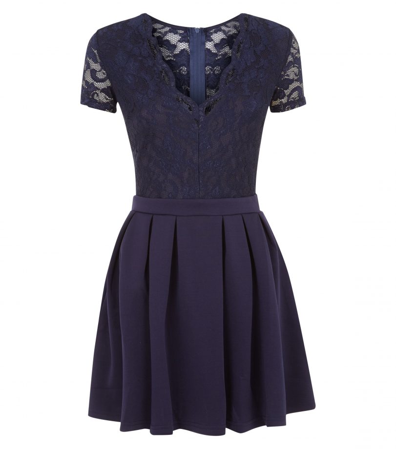 New Look Navy Lace Contrast V Neck Skater Dress, £25