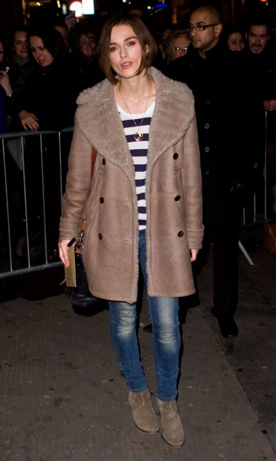 Keira Knightley Leaves Her Play, The Children's Hour, In Style Wearing A Burberry Coat And Breton Stripes, February 2011