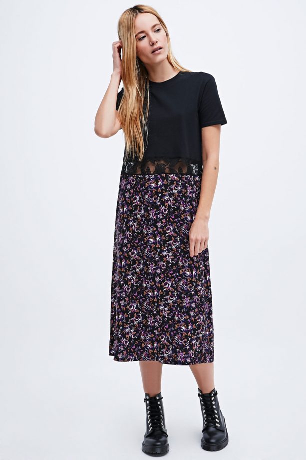 Urban Outfitters Urban Renewal Vintage Re-Made Lace Panel Midi Tee Dress In Floral, Was £48, Now £28.80