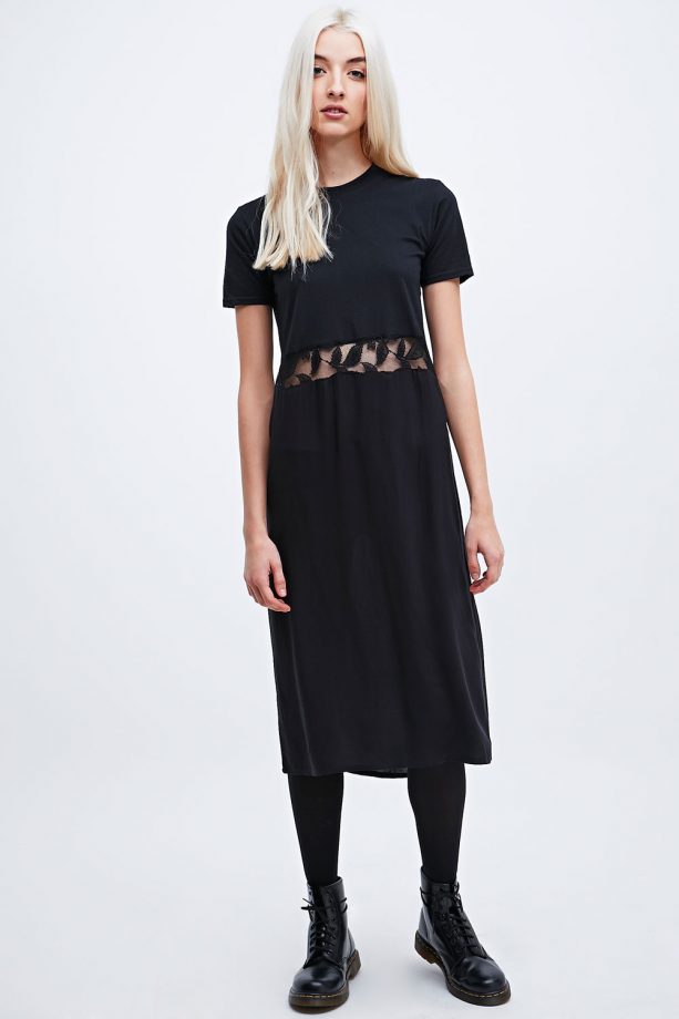 Urban Outfitters Urban Renewal Vintage Re-Made Lace Panel Midi Tee Dress In Black, Was £48, Now £28.80