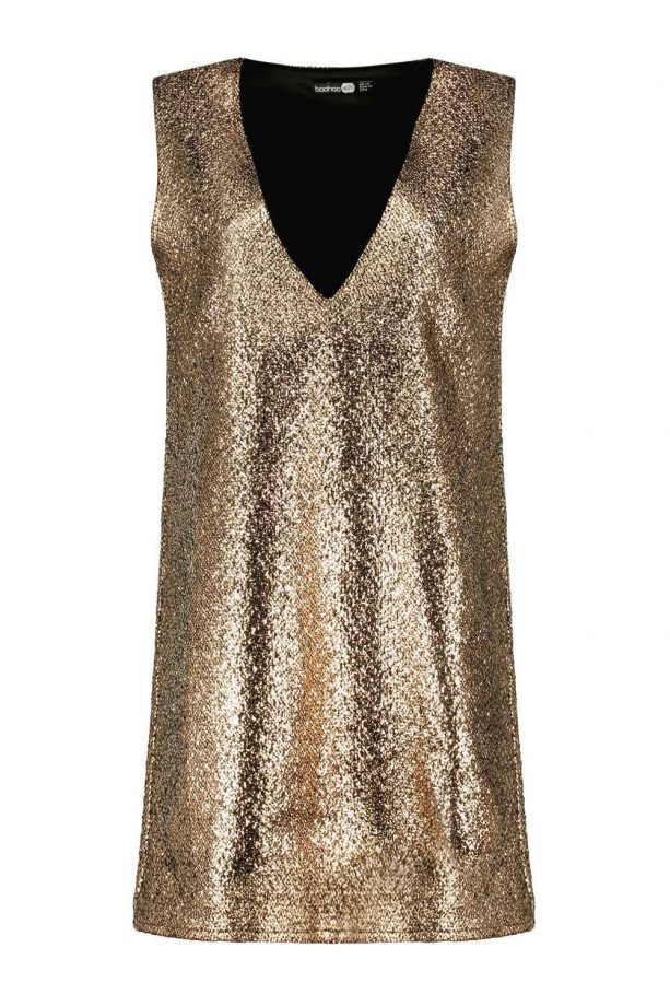 Boohoo Metallic Plunge Neck Shift Dress, £25