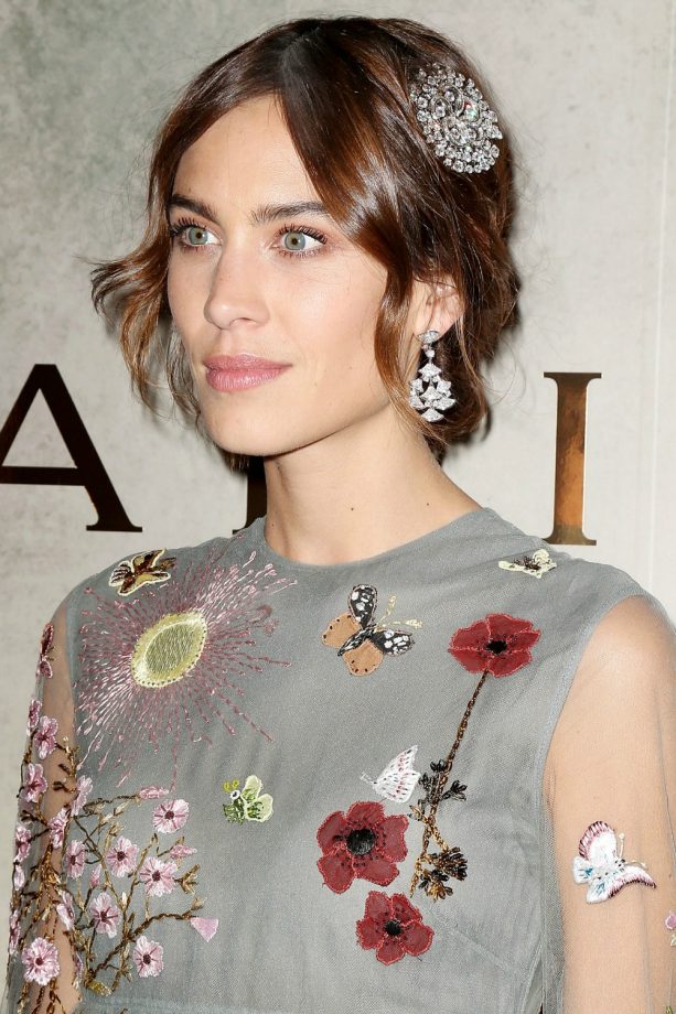 Alexa Chung Dresses Up Her Grey Gown with Sparkling Headpiece Whilst In New York